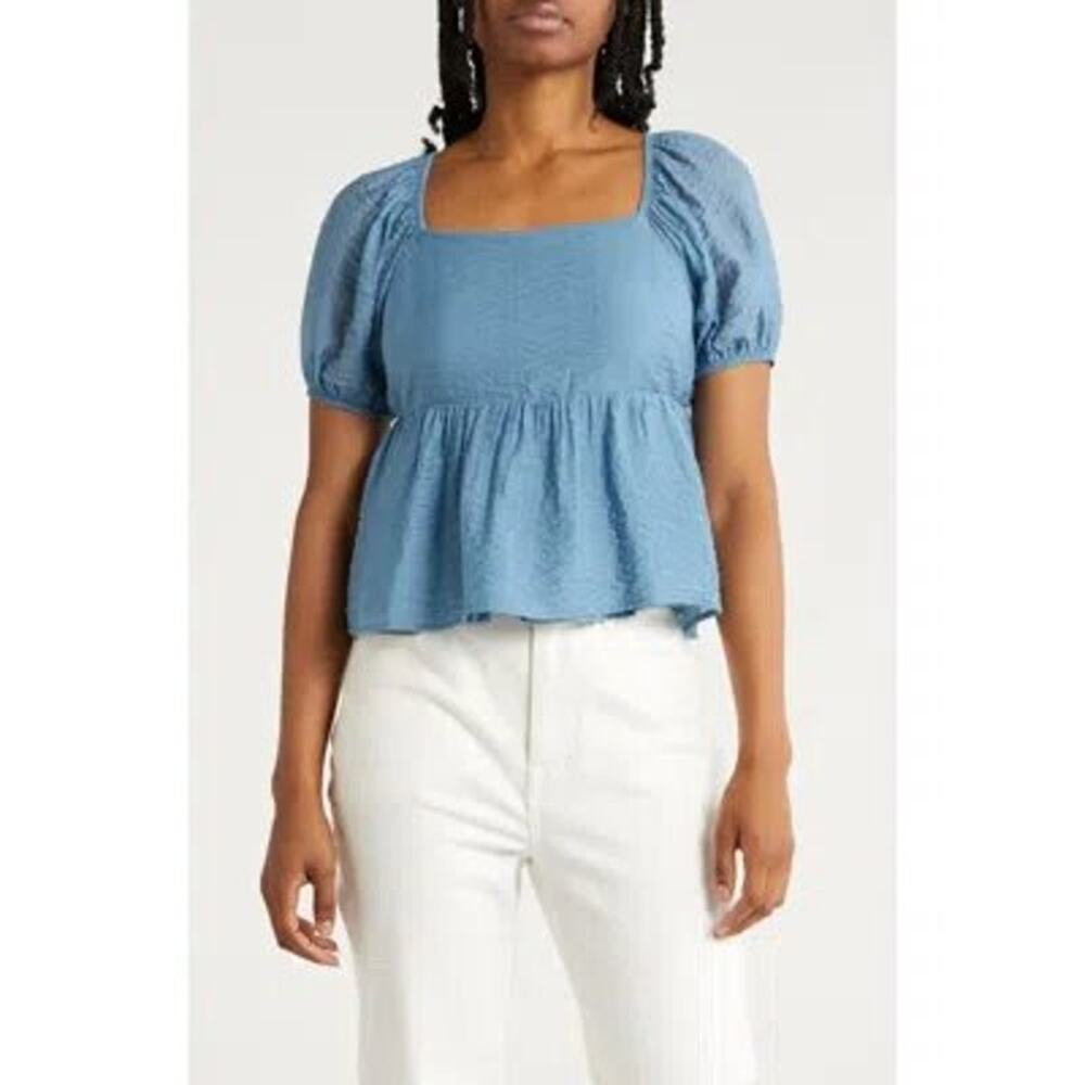 Melrose and Market Puff Sleeve Babydoll Top In Blue Provincial Size M Open Back